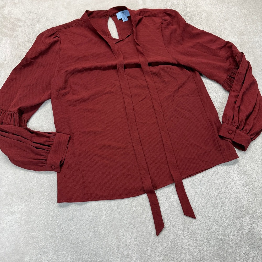 CeCe Shirt Women's Medium Blouse Maroon‎ Red Tie Neck Bishop Puff Sleeve Keyhole